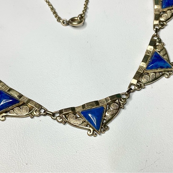 Art Deco Rolled Gold Collar Necklace w/Peking Glass Stones - Picture 2 of 7